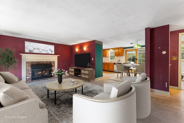 Dining room, Fireplace, Interior, Living room, Wood Texture Flooring