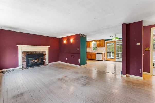 Empty room, Fireplace, Interior, Kitchen, Wood Texture Flooring