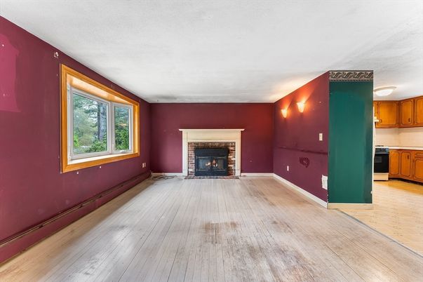 Empty room, Fireplace, Interior, Kitchen, Wood Texture Flooring