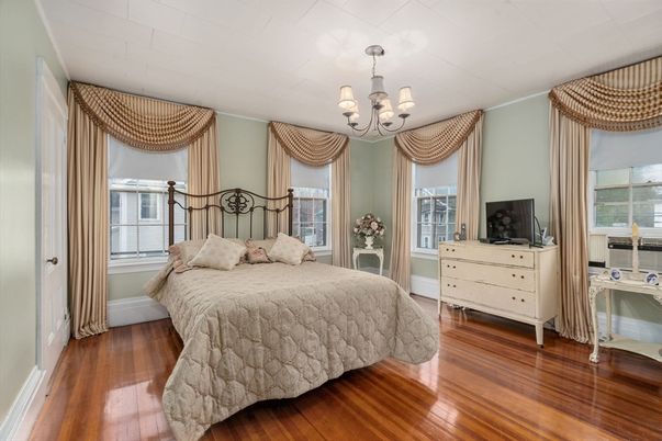 Bedroom, Chandelier, Interior, Wood Texture Flooring