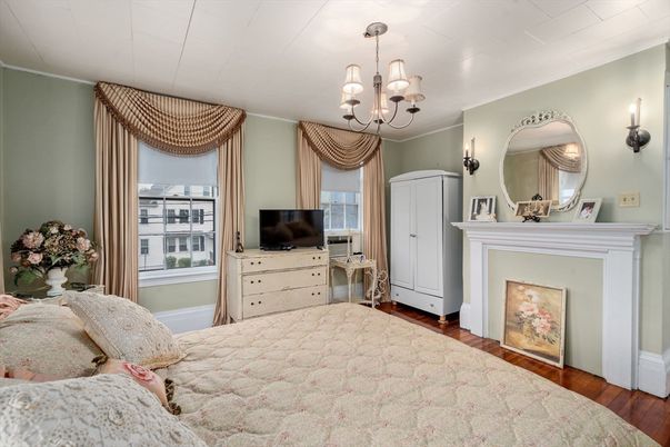 Bedroom, Chandelier, Fireplace, Interior, Wood Texture Flooring