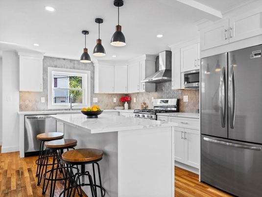 Interior, Kitchen, Pendant Lights, Recessed Lighting, Stainless Steel Appliances, Wood Texture Flooring