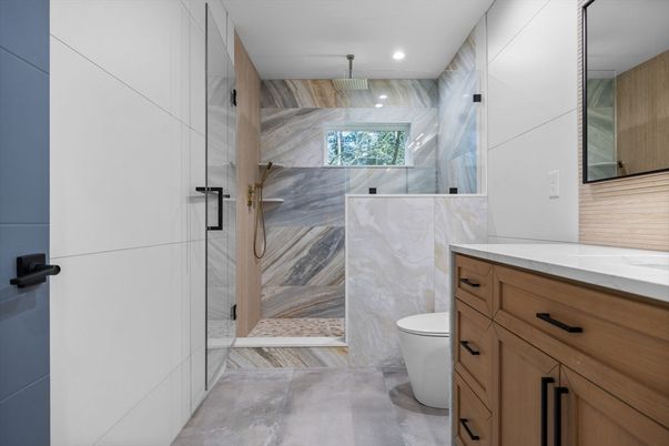 Bathroom, Glass Shower, Interior, Marble Walls, Recessed Lighting