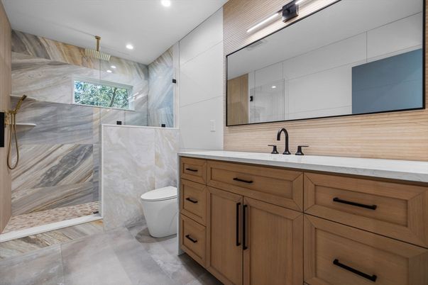 Bathroom, Glass Shower, Interior, Marble Walls, Recessed Lighting