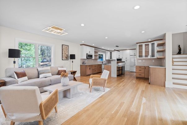 Interior, Kitchen, Living room, Recessed Lighting, Stainless Steel Appliances, Wood Texture Flooring