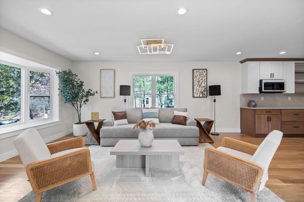 Interior, Kitchen, Living room, Recessed Lighting, Stainless Steel Appliances, Wood Texture Flooring