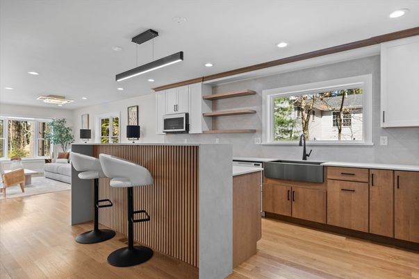 Interior, Kitchen, Living room, Pendant Lights, Recessed Lighting, Wood Texture Flooring
