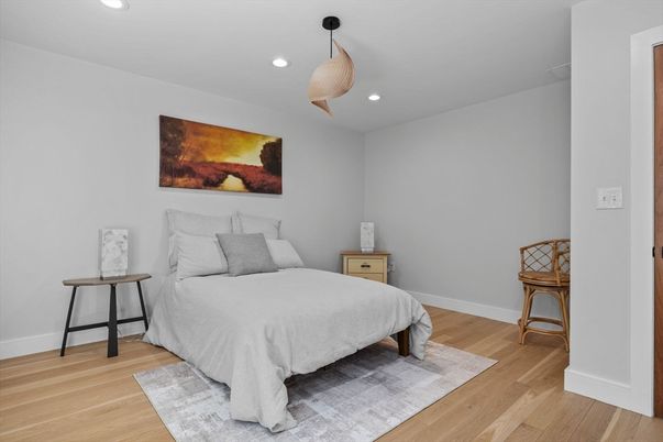 Bedroom, Interior, Recessed Lighting, Wood Texture Flooring