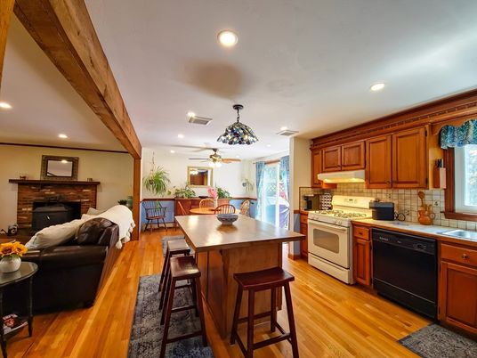 Dining room, Fireplace, Interior, Kitchen, Living room, Recessed Lighting, Wooden Beams, Wood Texture Flooring