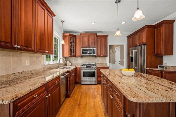 Interior, Kitchen, Pendant Lights, Recessed Lighting, Stainless Steel Appliances, Wood Texture Flooring