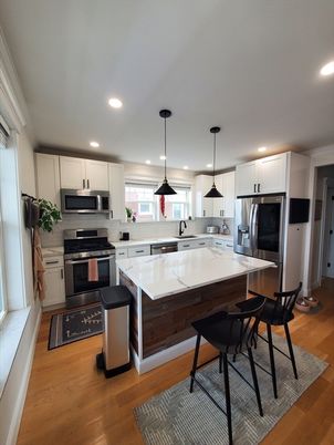 Interior, Kitchen, Pendant Lights, Recessed Lighting, Stainless Steel Appliances, Wood Texture Flooring