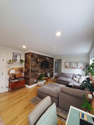 Interior, Living room, Recessed Lighting, Wood Texture Flooring, Wooden Walls