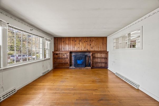 Empty room, Fireplace, Interior, Wood Texture Flooring, Wooden Walls