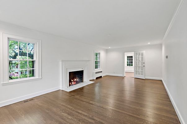 Empty room, Fireplace, Interior, Recessed Lighting, Wood Texture Flooring