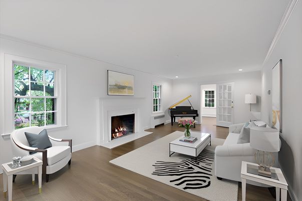 Fireplace, Interior, Living room, Piano, Recessed Lighting, Wood Texture Flooring