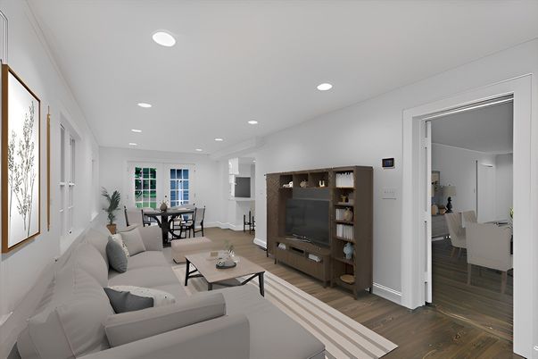 Dining room, Interior, Living room, Recessed Lighting, Wood Texture Flooring