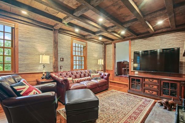 Interior, Living room, Recessed Lighting, Stone Walls, Wooden Beams, Wooden Ceilings, Wood Texture Flooring