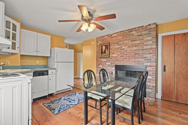 Dining room, Fireplace, Interior, Kitchen, Stone Walls, Wood Texture Flooring