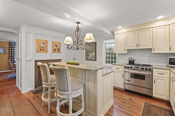 Chandelier, Interior, Kitchen, Recessed Lighting, Stainless Steel Appliances, Wood Texture Flooring