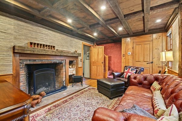 Fireplace, Interior, Living room, Recessed Lighting, Stone Walls, Wooden Beams, Wooden Ceilings, Wood Texture Flooring, Wooden Walls