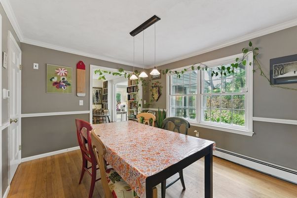 Dining room, Interior, Pendant Lights, Wood Texture Flooring