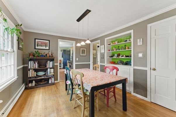 Dining room, Interior, Pendant Lights, Wood Texture Flooring