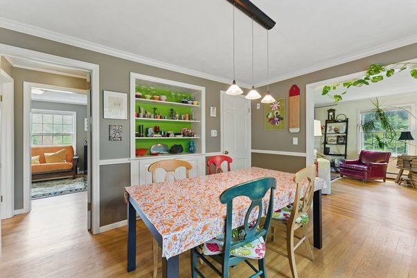 Dining room, Interior, Pendant Lights, Wood Texture Flooring