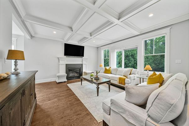 Fireplace, Interior, Living room, Recessed Lighting, Wood Texture Flooring