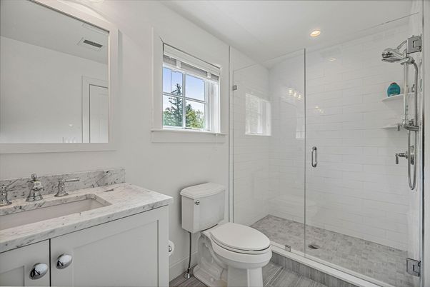 Bathroom, Glass Shower, Interior, Recessed Lighting, Wood Texture Flooring
