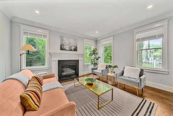 Fireplace, Interior, Living room, Recessed Lighting, Wood Texture Flooring