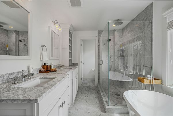 Bathroom, Dual Sink Vanities, Free Standing Baths, Glass Shower, Interior, Marble, Marble Walls, Recessed Lighting