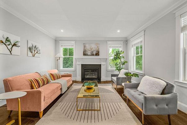 Fireplace, Interior, Living room, Recessed Lighting, Wood Texture Flooring
