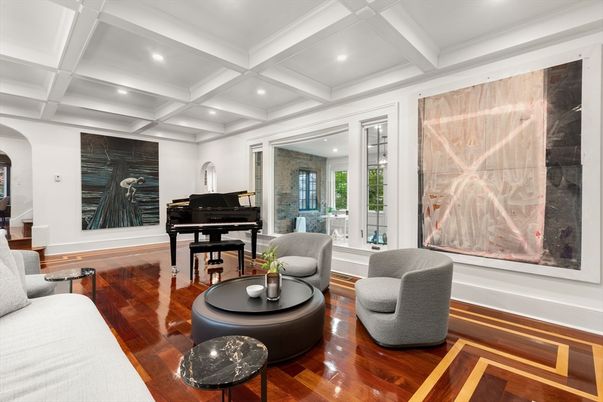 Interior, Living room, Piano, Recessed Lighting, Wood Texture Flooring