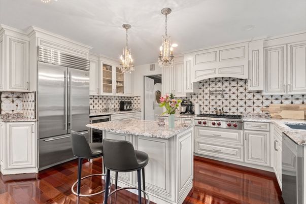 Chandelier, Interior, Kitchen, Recessed Lighting, Stainless Steel Appliances, Wood Texture Flooring
