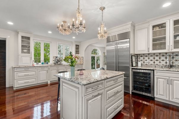 Chandelier, Interior, Kitchen, Recessed Lighting, Stainless Steel Appliances, Wood Texture Flooring