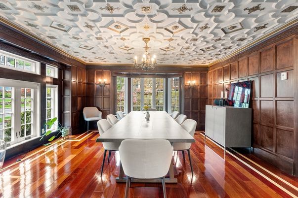 Chandelier, Dining room, Interior, Wood Texture Flooring, Wooden Walls