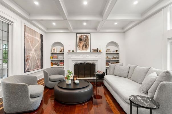 Fireplace, Interior, Living room, Recessed Lighting, Wood Texture Flooring