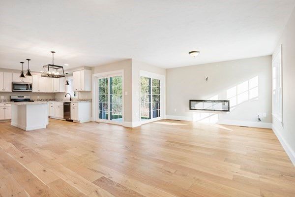 Empty room, Interior, Kitchen, Pendant Lights, Stainless Steel Appliances, Wood Texture Flooring