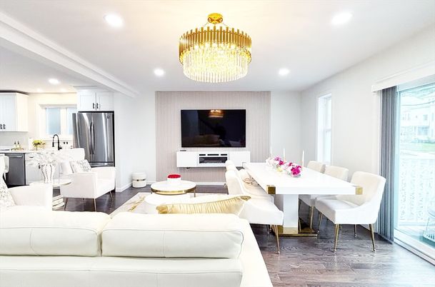 Chandelier, Dining room, Interior, Kitchen, Living room, Recessed Lighting, Stainless Steel Appliances, Wood Texture Flooring