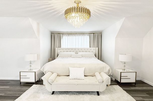 Bedroom, Chandelier, Interior, Wood Texture Flooring