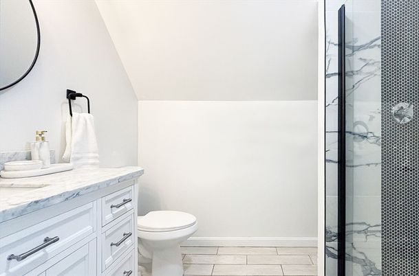 Bathroom, Glass Shower, Interior, Marble Walls