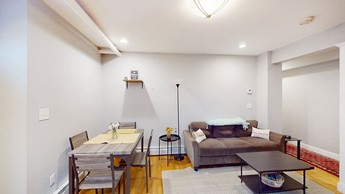 Dining room, Interior, Living room, Recessed Lighting, Wood Texture Flooring