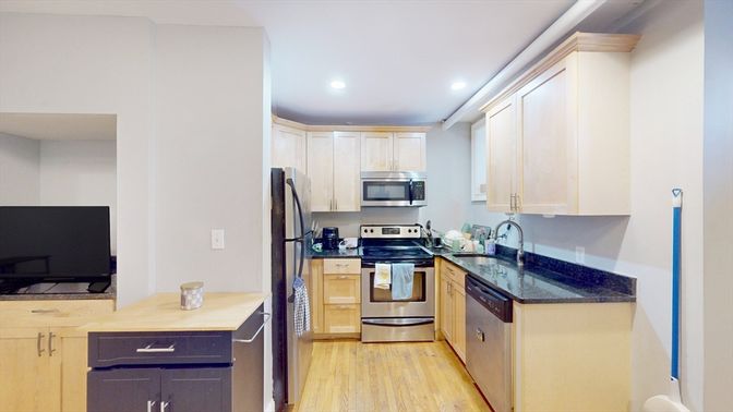 Interior, Kitchen, Recessed Lighting, Stainless Steel Appliances, Wood Texture Flooring