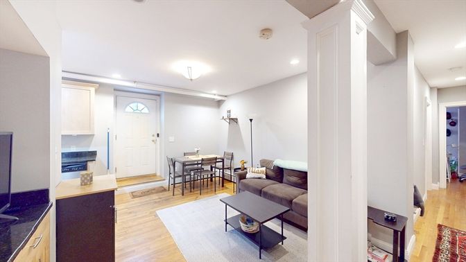Dining room, Fireplace, Interior, Living room, Recessed Lighting, Wood Texture Flooring