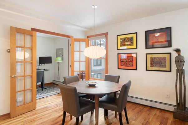 Dining room, Interior, Pendant Lights, Wood Texture Flooring