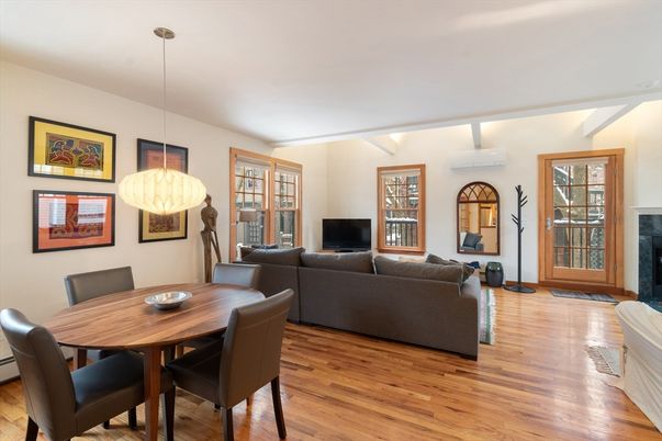 Dining room, Fireplace, Interior, Living room, Pendant Lights, Wood Texture Flooring