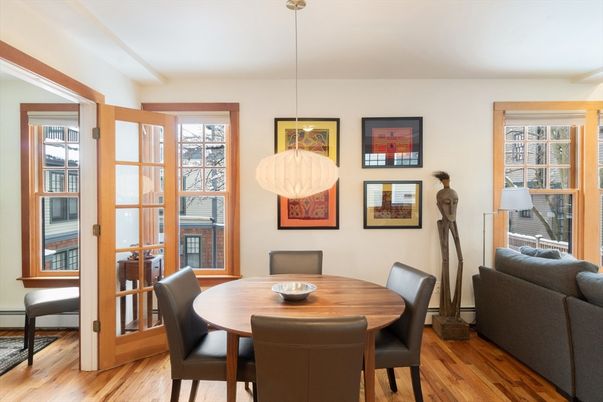 Dining room, Interior, Pendant Lights, Wood Texture Flooring