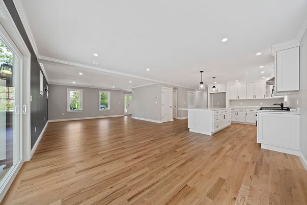 Empty room, Interior, Kitchen, Pendant Lights, Recessed Lighting, Wood Texture Flooring