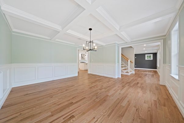 Chandelier, Empty room, Interior, Pendant Lights, Recessed Lighting, Wood Texture Flooring