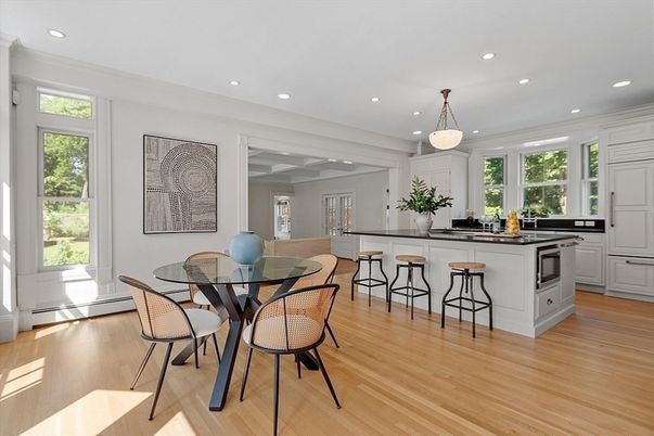 Dining room, Interior, Kitchen, Pendant Lights, Recessed Lighting, Wood Texture Flooring